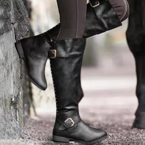 Women's Buckle Zipper Knee High Boots**