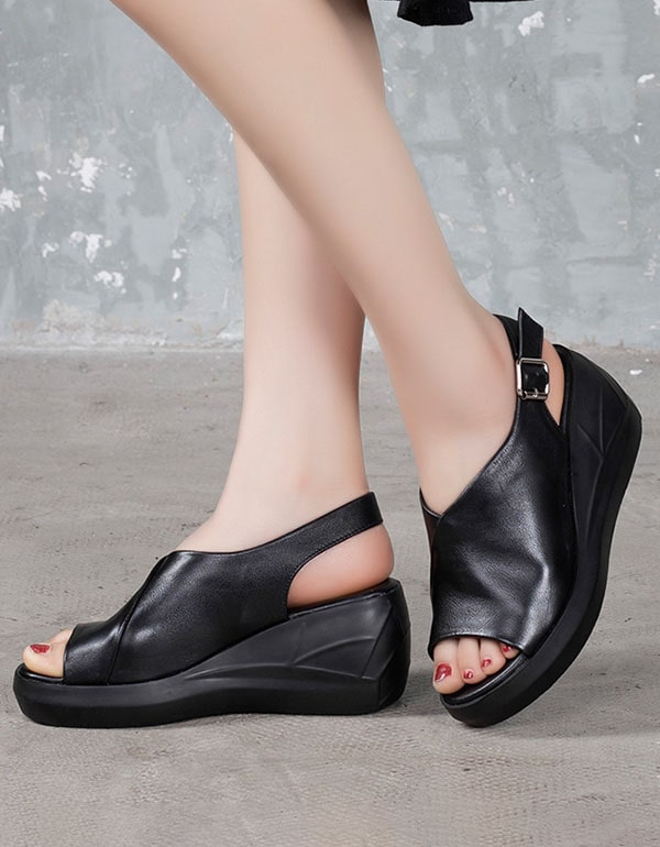 Summer Leather Open Toe Wedge Heel Sandals