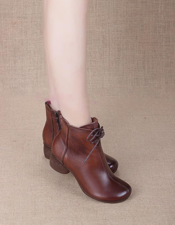 Spring Retro Leather Boots Chunky Heel