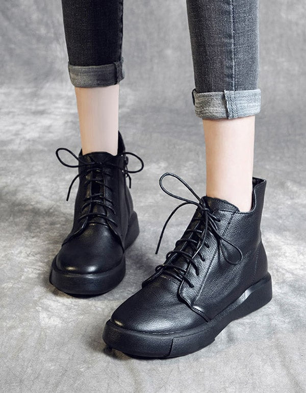 Retro Leather British Style Black Short Boots