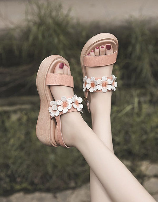 Summer Flower Leather Wedge Beach Sandals