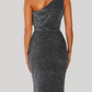 Fashion Elegant Solid Slit Sequined Strap Design Oblique Collar Wrapped Skirt Dresses