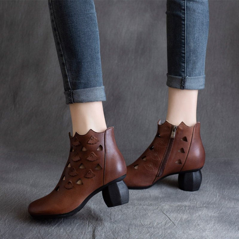 Spring Retro Leather Hollow Women Chunky Boots