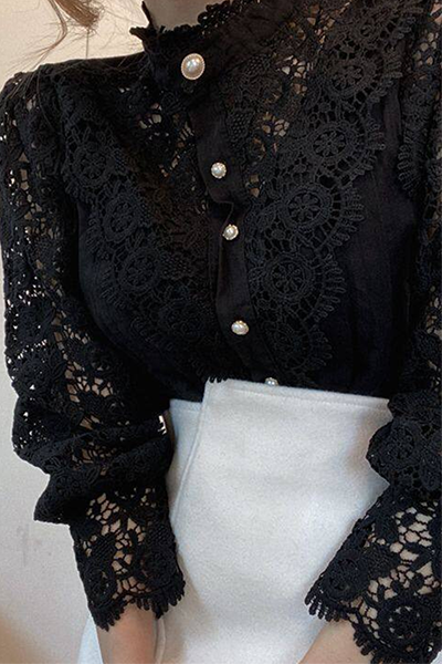 Elegant Patchwork Lace Hollowed Out Buckle Mandarin Collar Tops(3 colors)
