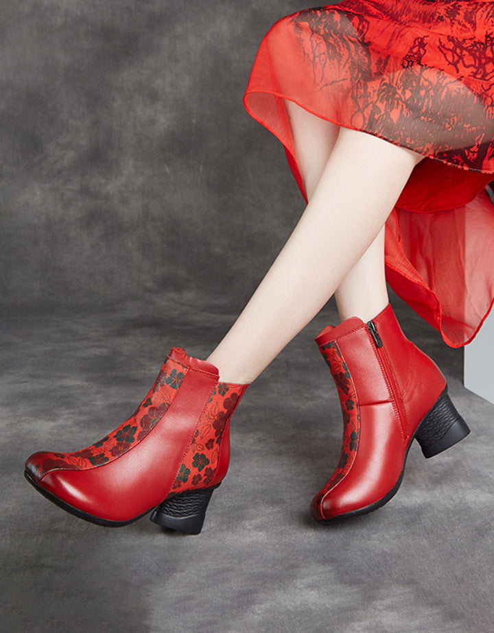 Retro Leather Flower Printing Chunky Boots