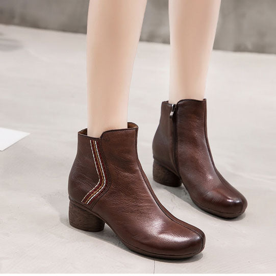 Retro Leather Soft Bottom Chunky Boots