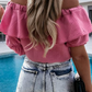 Casual Street Solid Frenulum Flounce Off the Shoulder Tops(4 Colors)