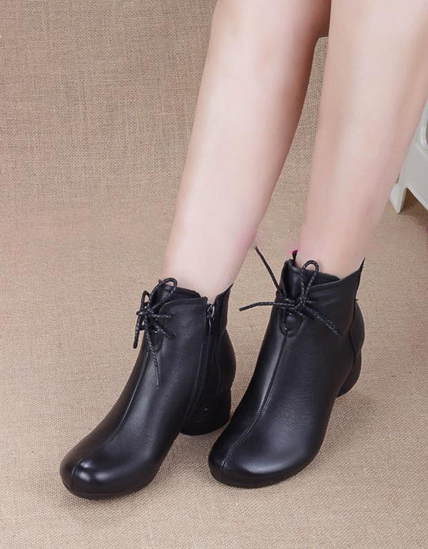 Spring Retro Leather Boots Chunky Heel