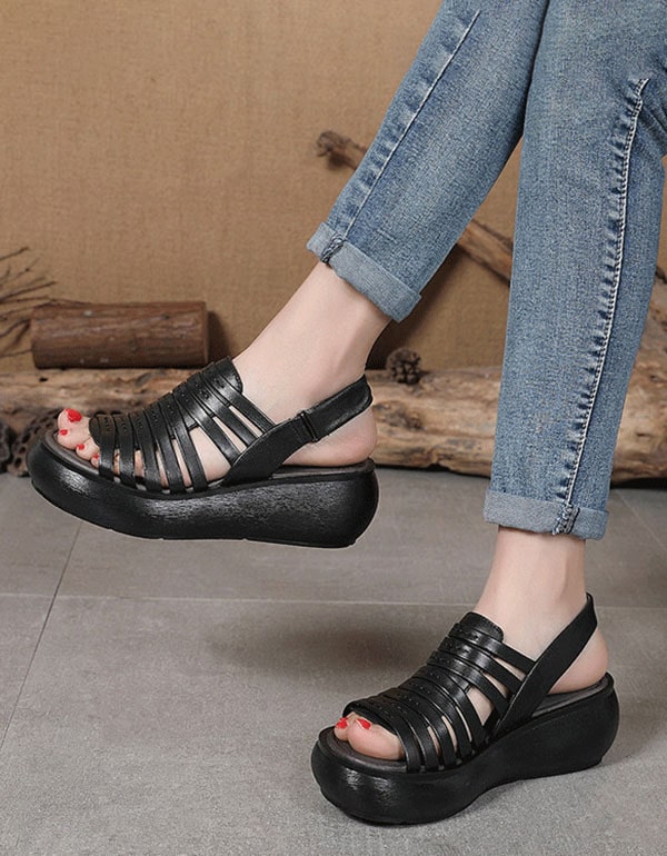 Retro Leather Summer Straps Wedge Sandals Slingback