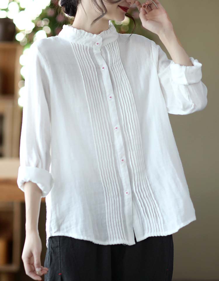 Spring Stand Collar Long Sleeve Linen Shirt