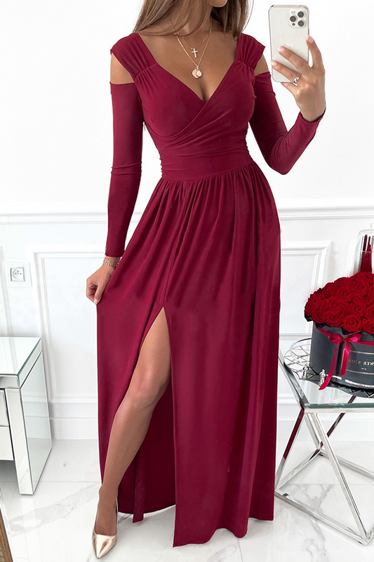 Casual Elegant Hollowed Out Slit V Neck Waist Skirt Dresses(5 Colors)
