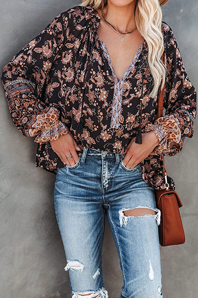 Fashion Casual Floral Split Joint Flounce V Neck Tops
