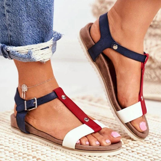 *Women Simple Elegant Pu Color-Blocking Adjusting Buckle Flat Sandals - Veooy