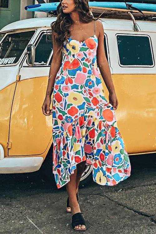 Floral Printed Summer Backless Mid Calf Dress With Pocket