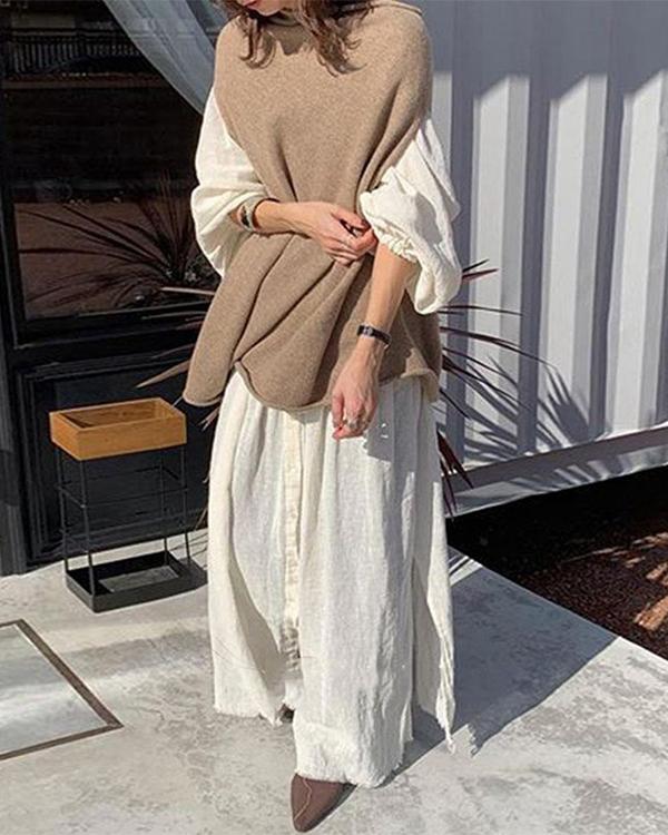 Casual Solid Shirt Shift Dress And Loose Knitted Sweater Set - Veooy