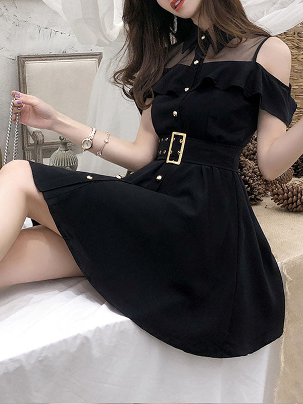 Cold Shoulder Belted Black Dress