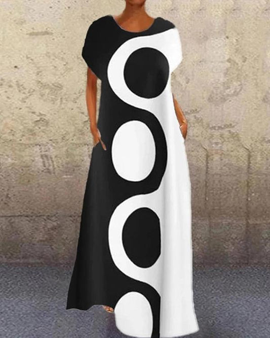 Black Geometric Crew Neck Printed Short Sleeve Dresses - Veooy