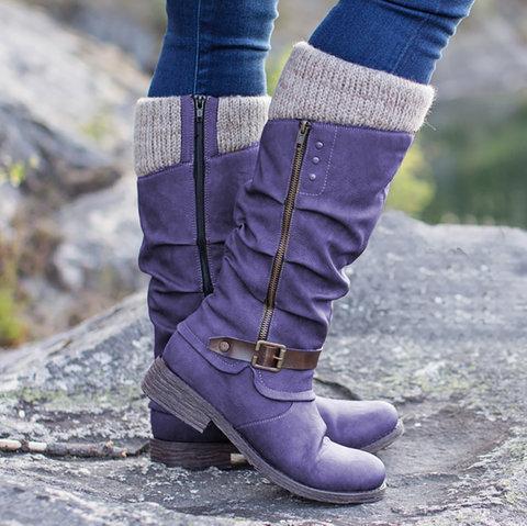 Women Casual Winter Knitted Zipper Mid Calf Boots *