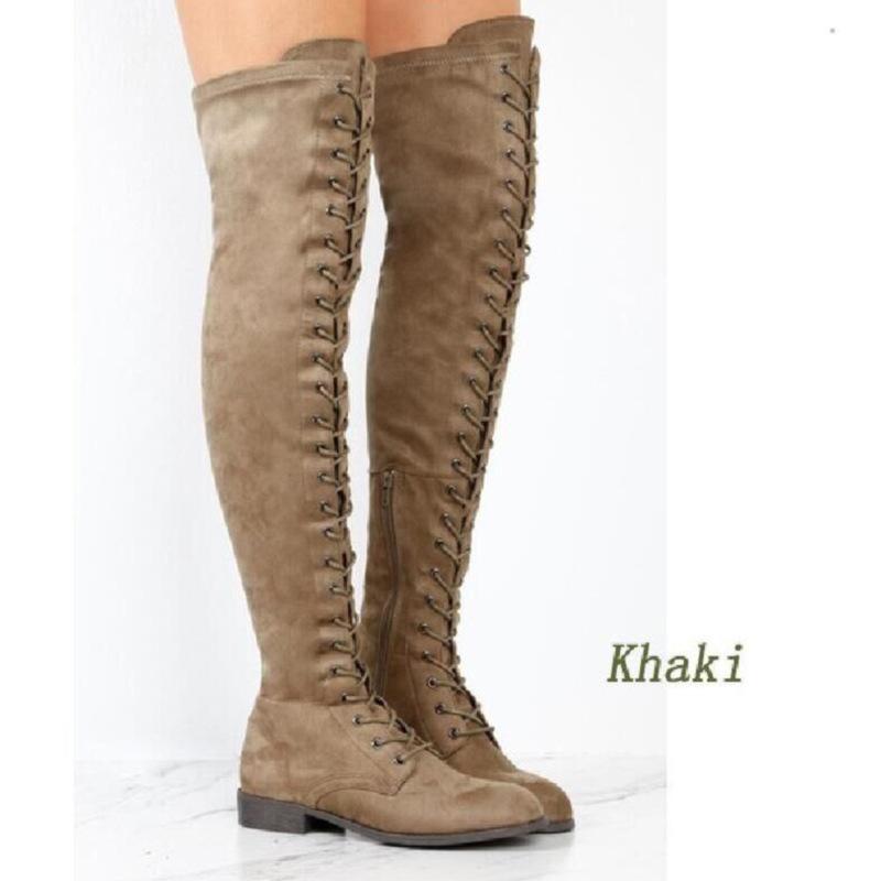 *Low Heel Flat Lace Up Boots Zipper Shoes Thigh High Over Knee Boots * - Veooy