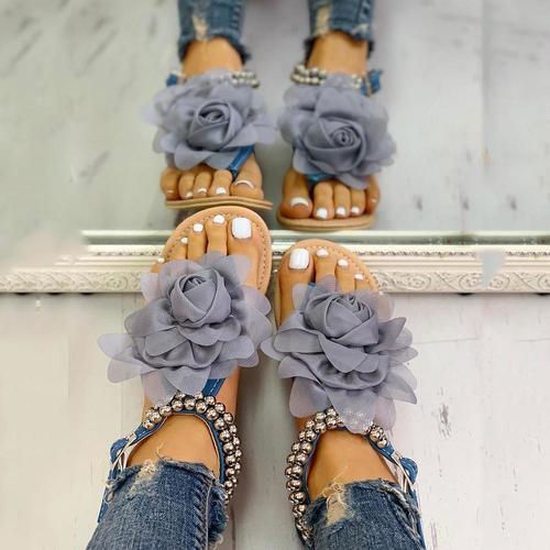 Mesh Floral Embellished Beaded Flat Sandals *