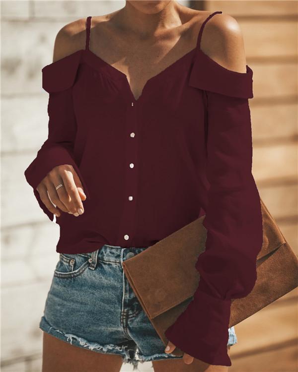 Solid Sexy Boat Neckline Long Sleeve Blouses - veooy