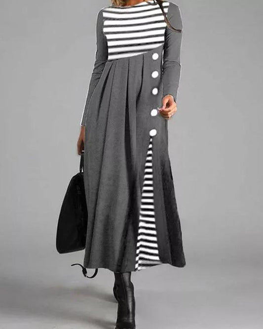 Casual Stripe Shirt Round Neckline Shift Dress - Veooy