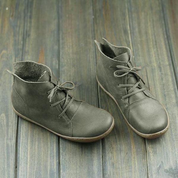 Vintage Solid Color Lace-Up Ankle Flat Boots *