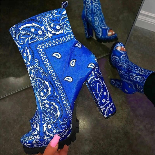 *Women Trendy Characteristic Pattern Pointed Toe Slip On Mid Heel Boots - Veooy