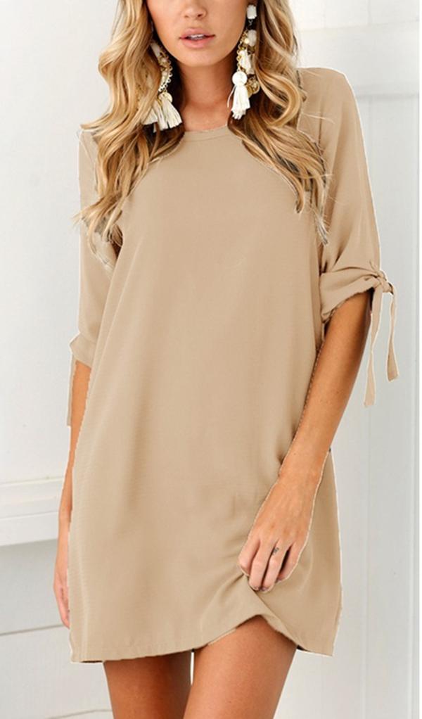 Women Solid Self-tie at Sleeves Mini Dress - veooy