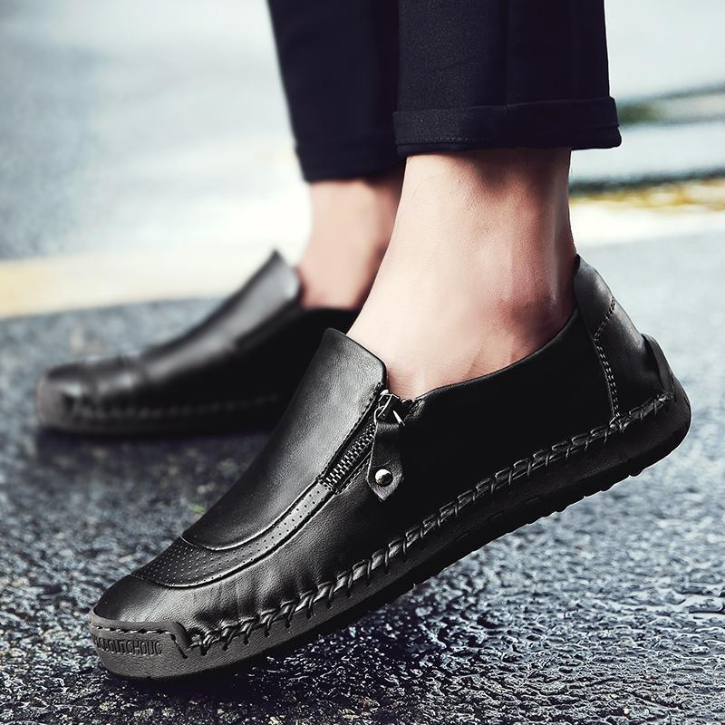 Men Hand Stitching Zipper Slip-ons Leather Shoes - veooy