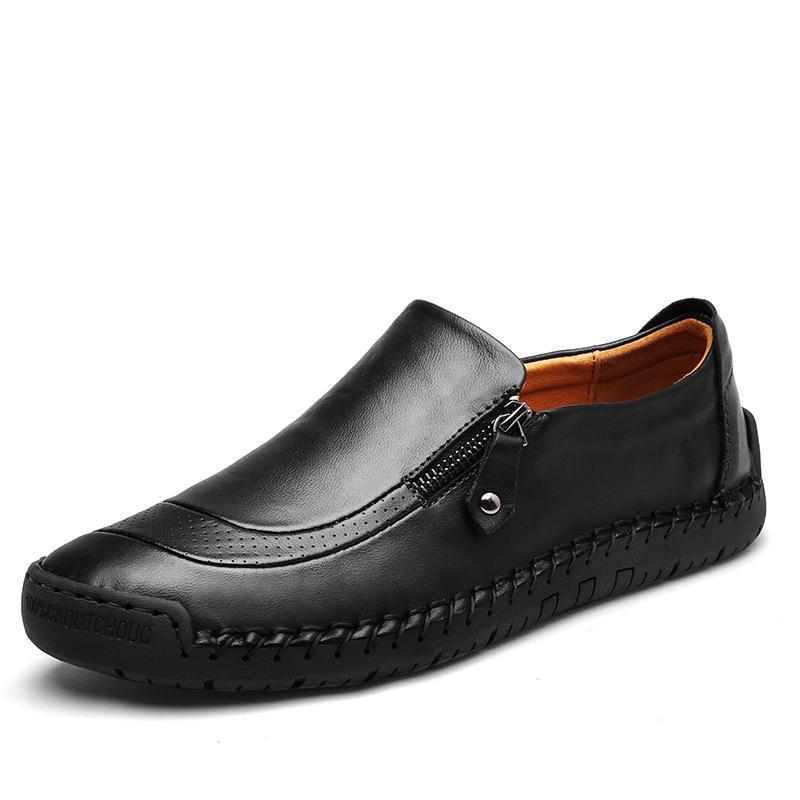 Men Hand Stitching Zipper Slip-ons Leather Shoes - veooy