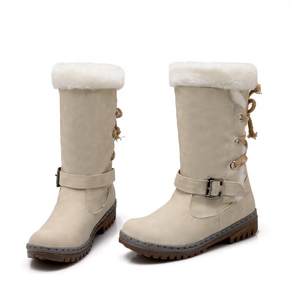 Women Non-slip Buckle Strap Flat Platform Winter Mid Calf Plush Boots - veooy