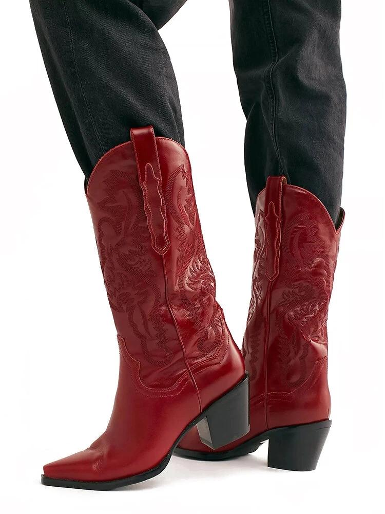 Plus Size Retro Women Pattern PU Western Embroidered Chunky Heel Mid-calf Cowboy Boots *