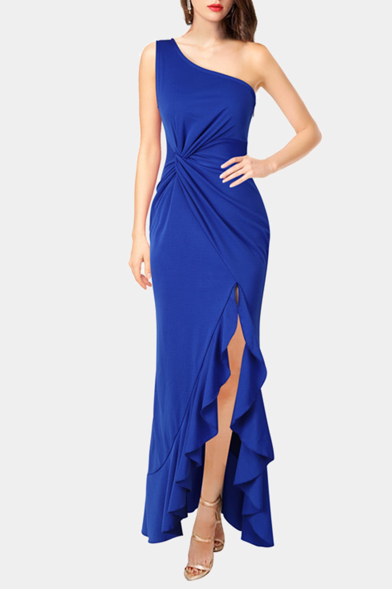 Elegant Solid Flounce Slit One Shoulder Evening Dress Dresses(6 Colors) - Veooy
