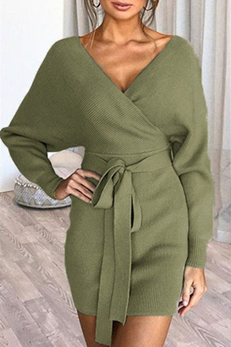 Fashion Casual Solid Split Joint V Neck A Line Dresses - Veooy