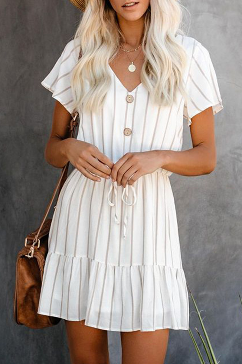 Casual Striped Frenulum Buckle V Neck Dresses - Veooy