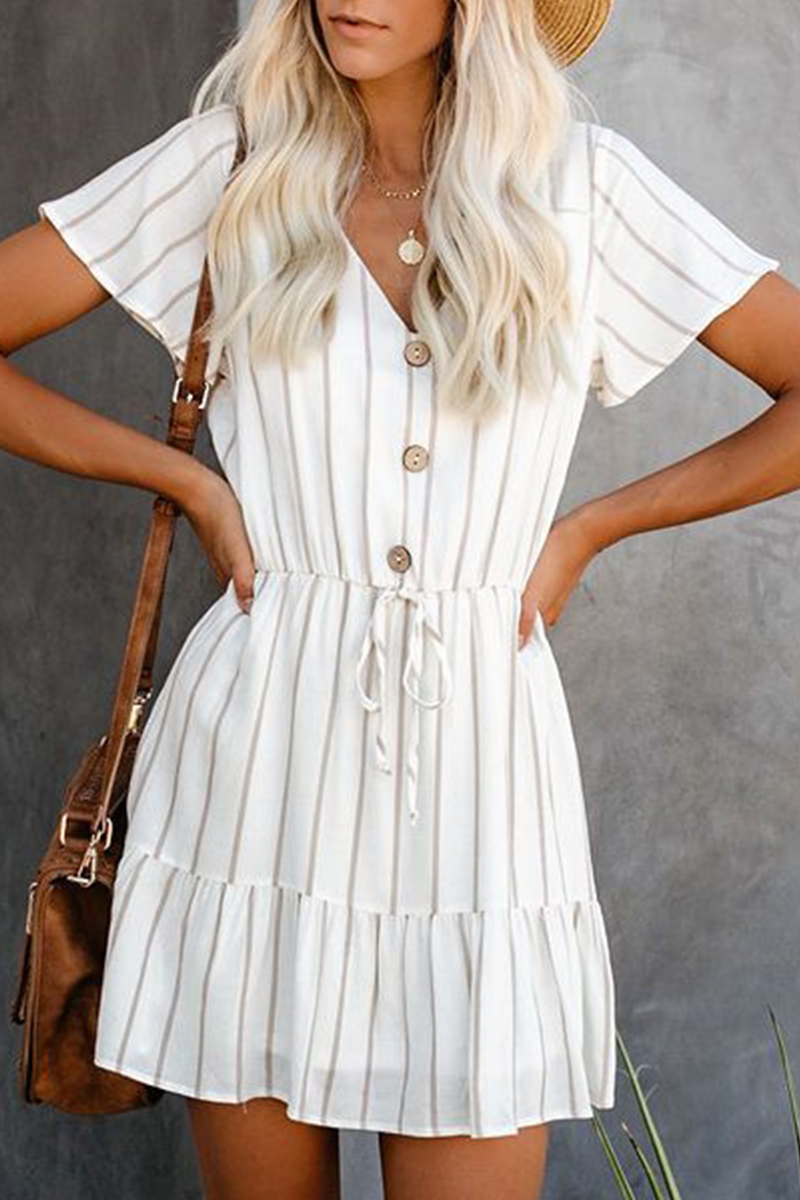 Casual Striped Frenulum Buckle V Neck Dresses - Veooy
