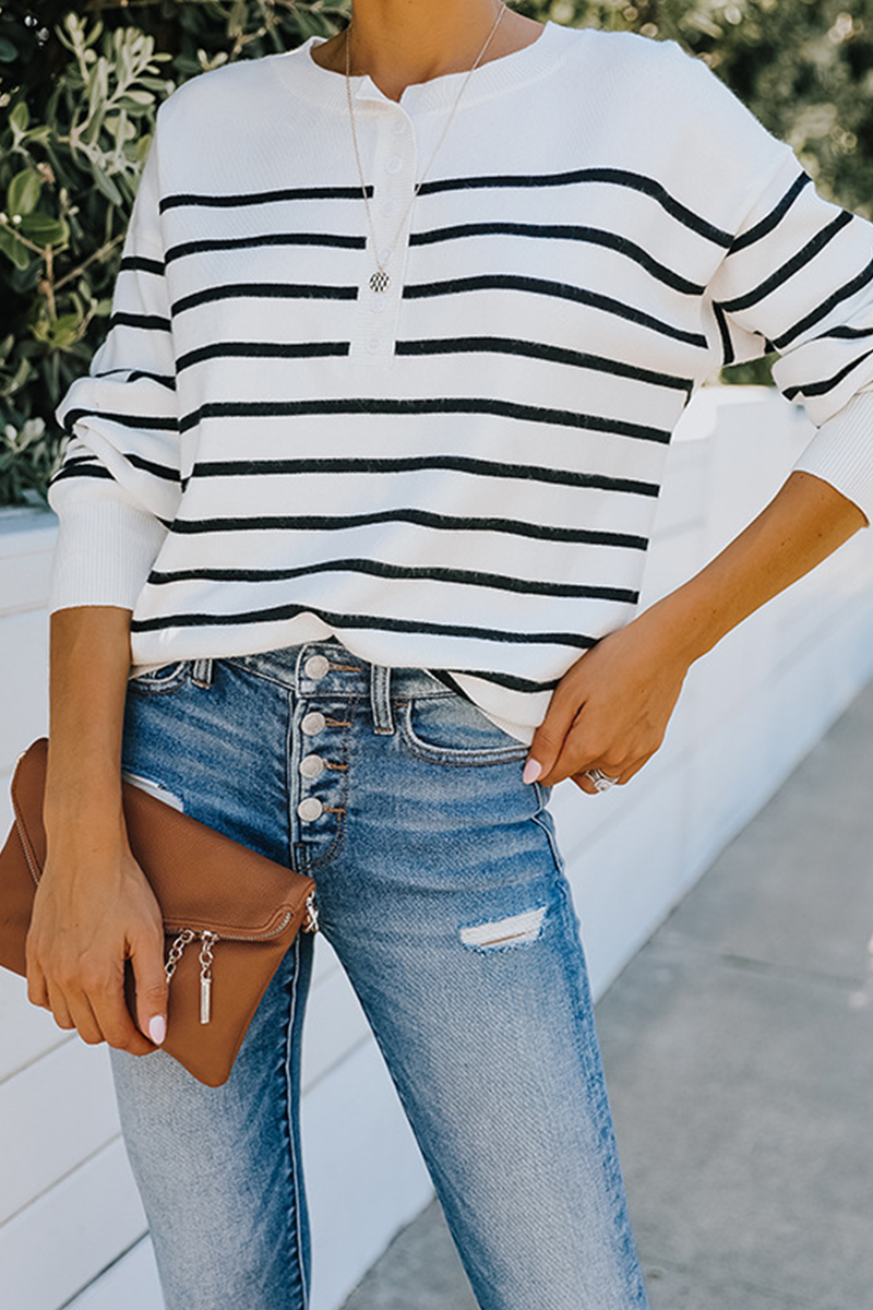 Street Striped Buckle O Neck Tops