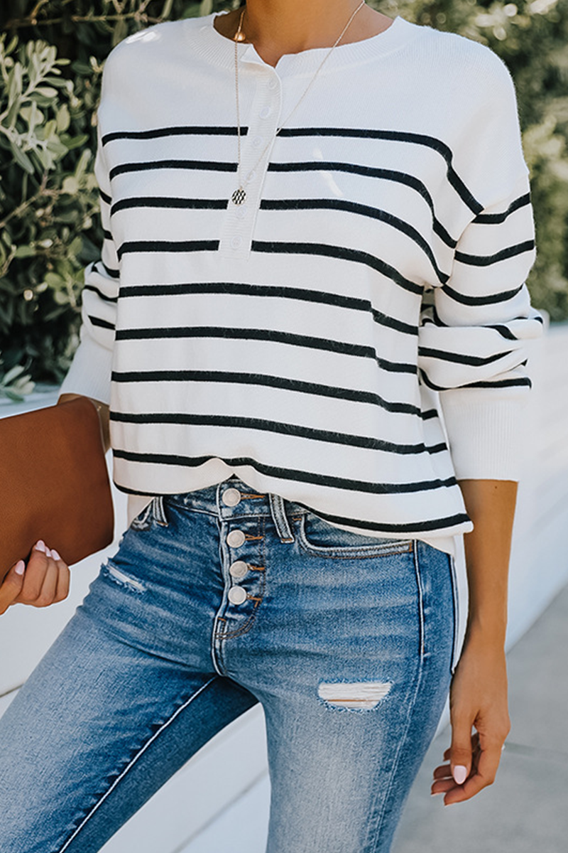 Street Striped Buckle O Neck Tops