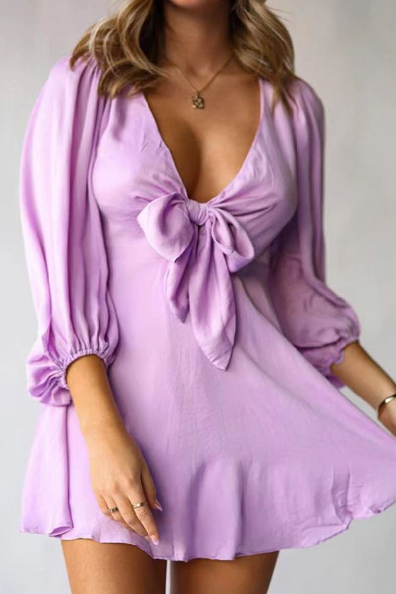 Fashion Sweet Solid Split Joint V Neck A Line Dresses - Veooy