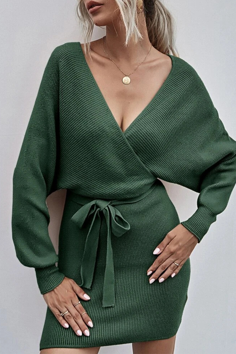 Elegant Solid With Belt V Neck Waist Skirt Dresses - Veooy