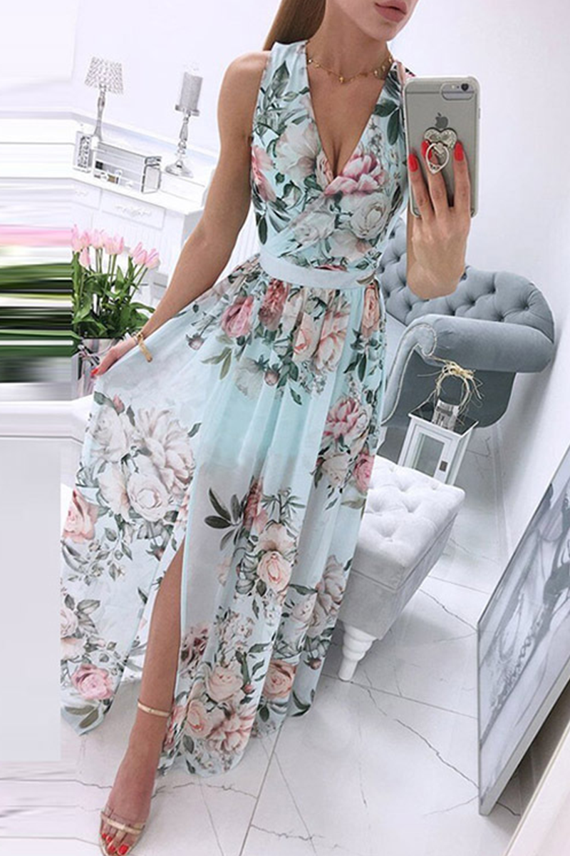 Elegant Floral Slit Fold V Neck Waist Skirt Dresses - Veooy
