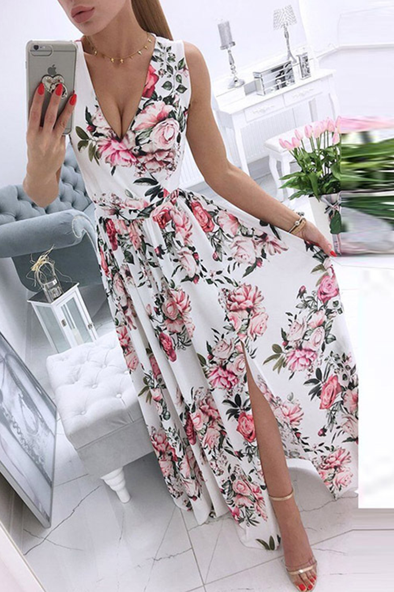 Elegant Floral Slit Fold V Neck Waist Skirt Dresses - Veooy