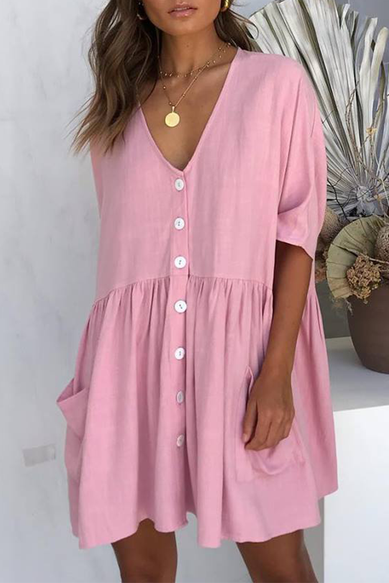 Casual Solid Pocket Buckle V Neck A Line Dresses - Veooy
