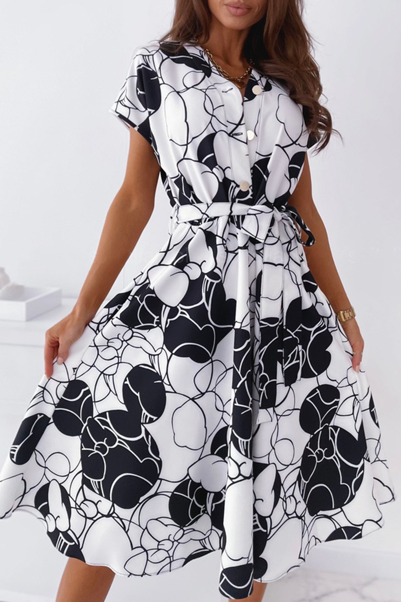 Elegant Print Buckle With Belt V Neck A Line Dresses(5 colors)