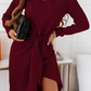 Fashion Elegant Solid With Belt  O Neck Long Sleeve Dresses（3 colors）