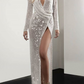 Fashion Elegant Solid Sequins Slit V Neck Evening Dress Dresses