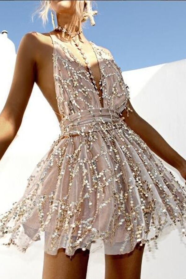 Fashion Elegant Solid Sequins Backless V Neck Evening Dress Dresses