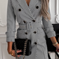 Fashion Elegant Plaid Buckle With Belt Turn-back Collar Outerwear（3 colors）