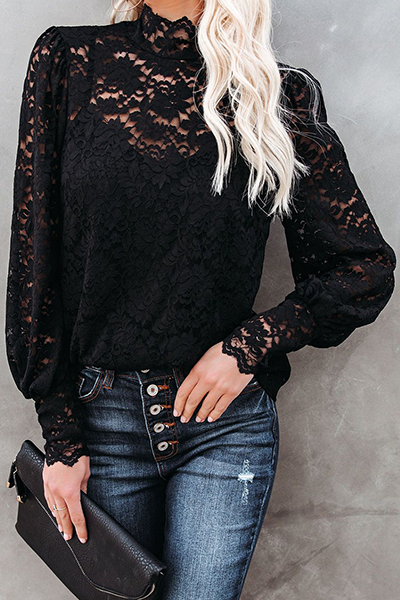 Fashion Elegant Solid Lace Hollowed Out Mandarin Collar Tops(3 colors)